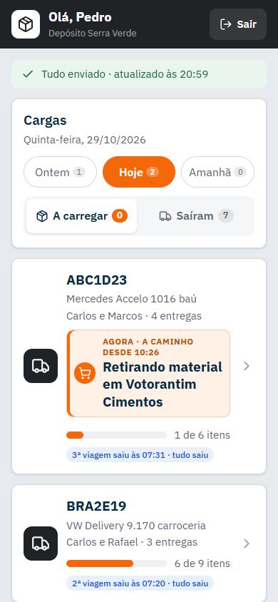 App do carregamento com os caminhões do dia e a carga de cada um